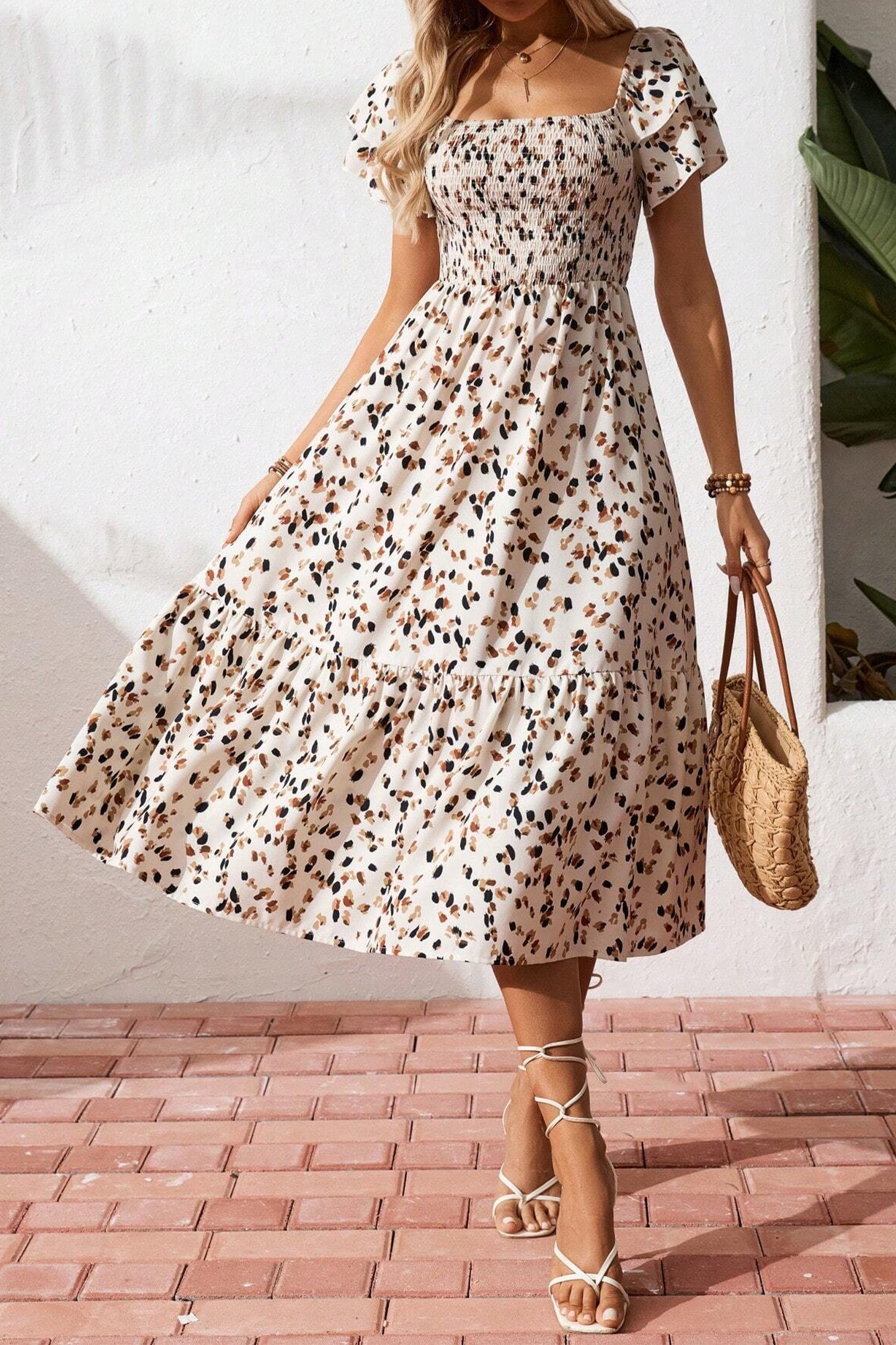 Blue Ditsy Floral Print Smocked Square Neck Ruffle Short Sleeve Dress