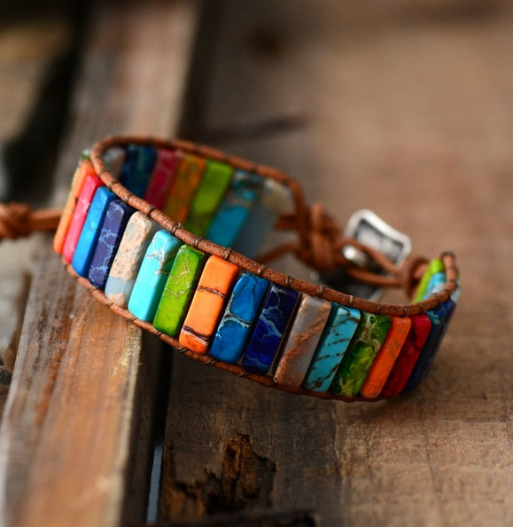 Handmade Multi Color Natural Stone Jasper Beads Leather Bracelet
