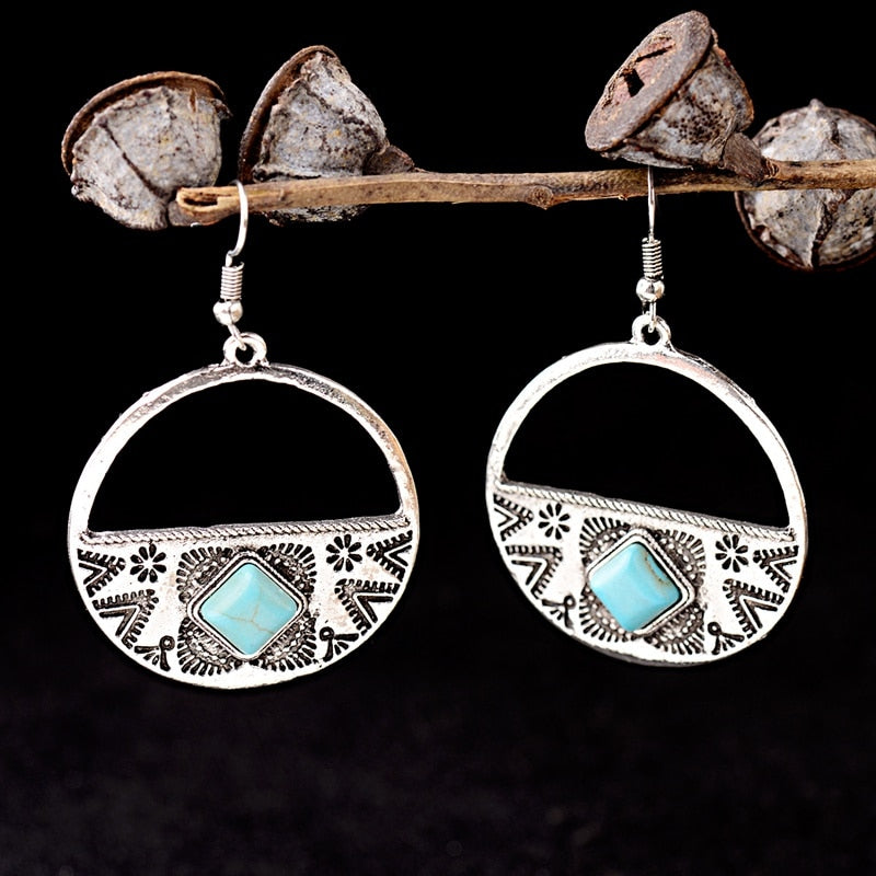 Turquoise & Antique Silver Carved Dangle Hoop Earrings