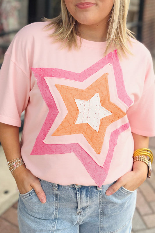 Light Pink Eyelet Colorblock Star Applique  T Shirt