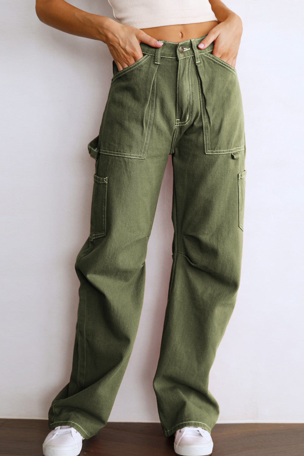 Green-2 High Waist Straight Leg Cargo Pants with Pockets