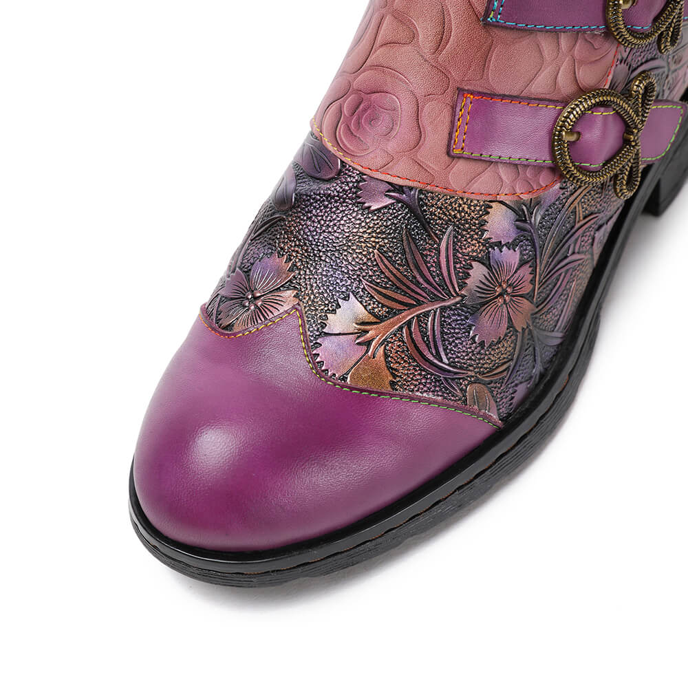 Retro Handmade Leather Painted Floral Flats Boots