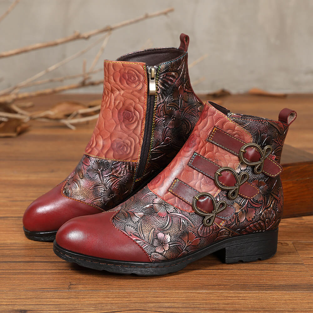 Retro Handmade Leather Painted Floral Flats Boots