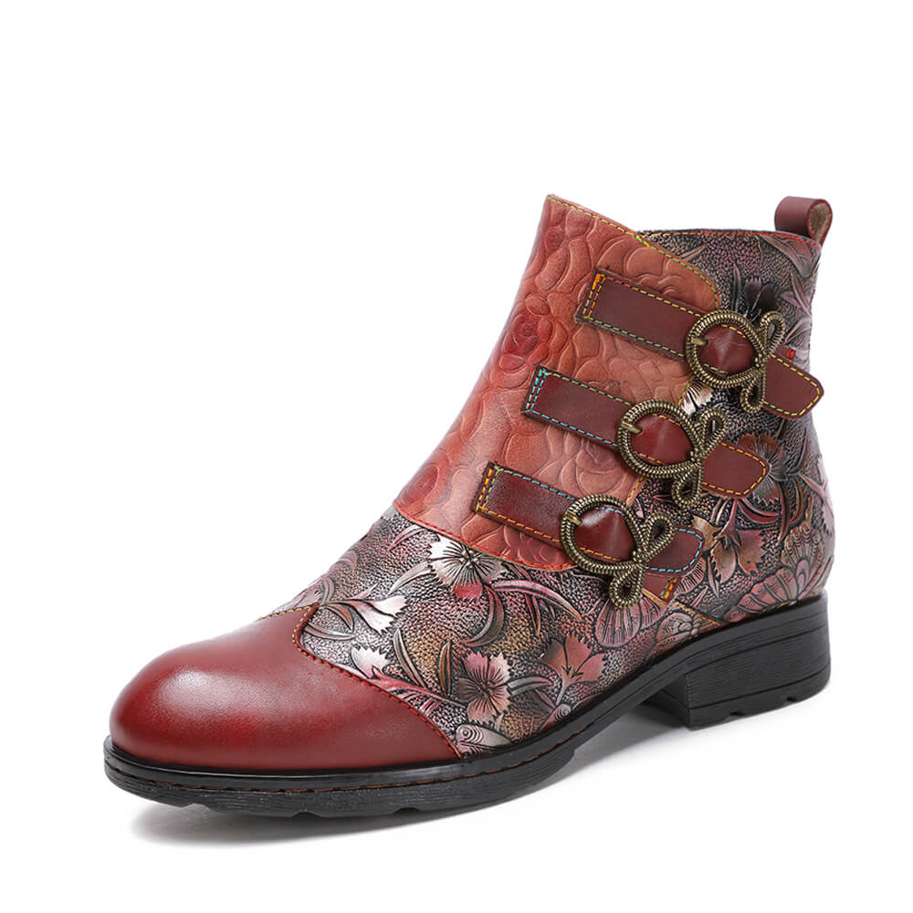 Retro Handmade Leather Painted Floral Flats Boots