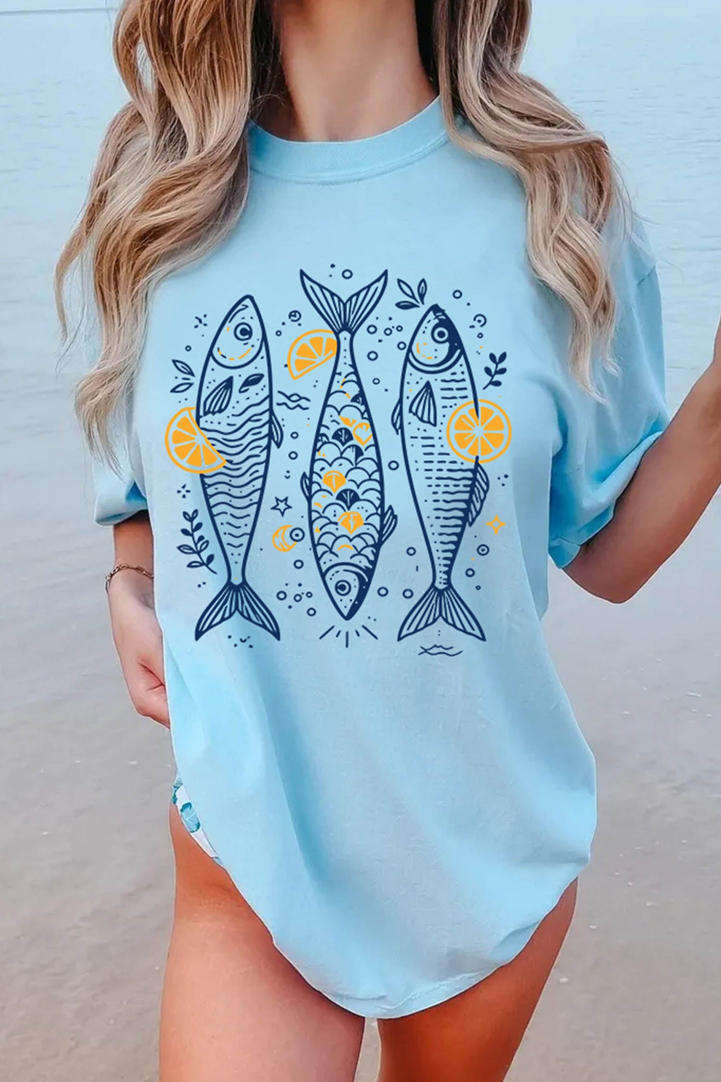 Light Blue Lemon Fishes Printed Loose T Shirt