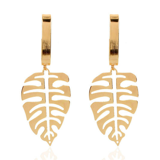 Long Golden Monstera Leaf Earrings