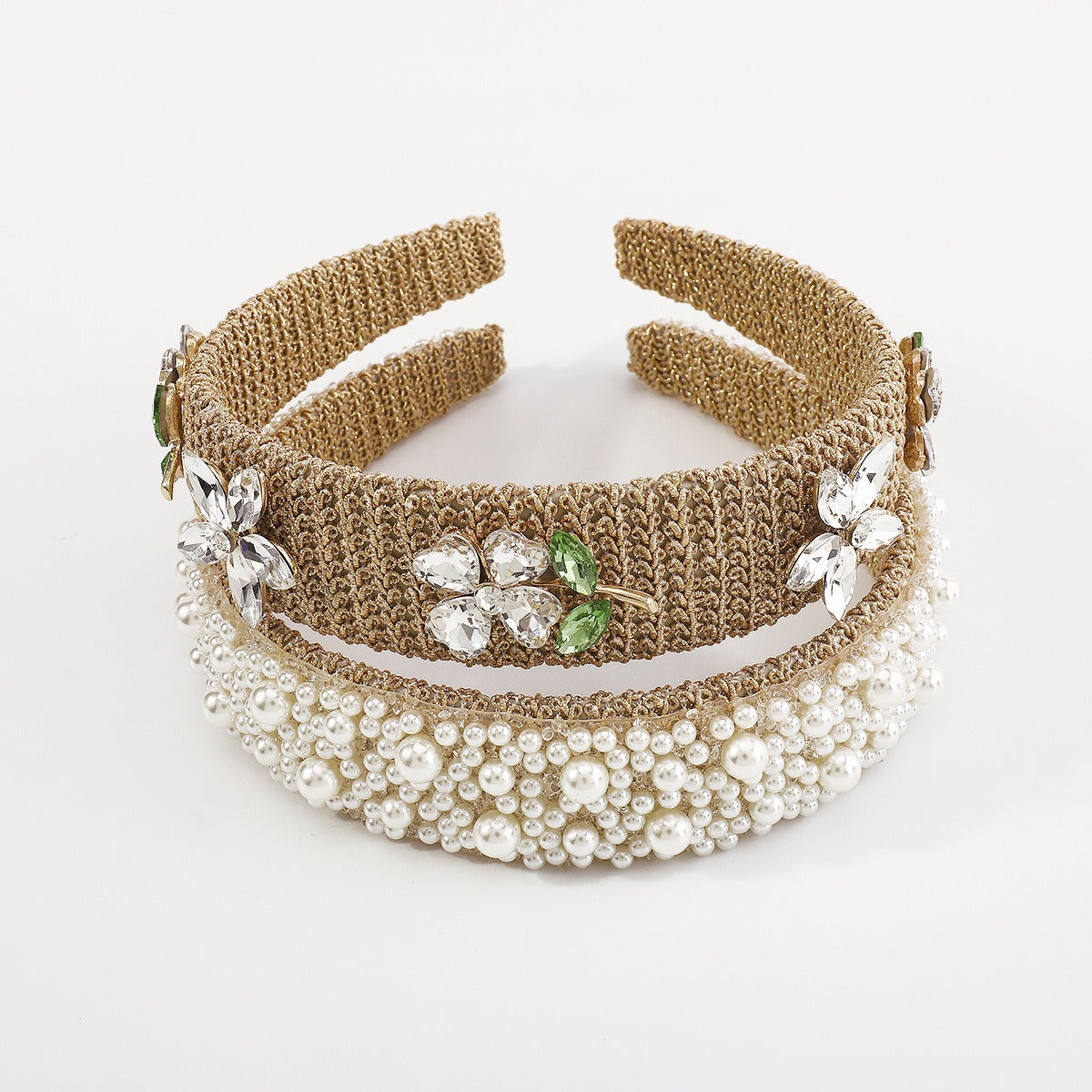 Woven Headband Pearl Flower Rhinestone Beadwork