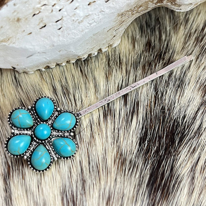Natural Turquoise Antique Silver Alloy Flower Hair Pins