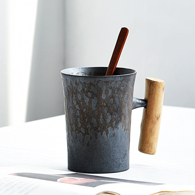 Handmade Rustic Ceramic Mug with Wood Handle