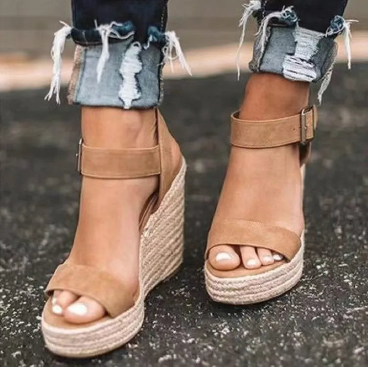 Open-Toe High Heel Wedge Sandals with Buckle