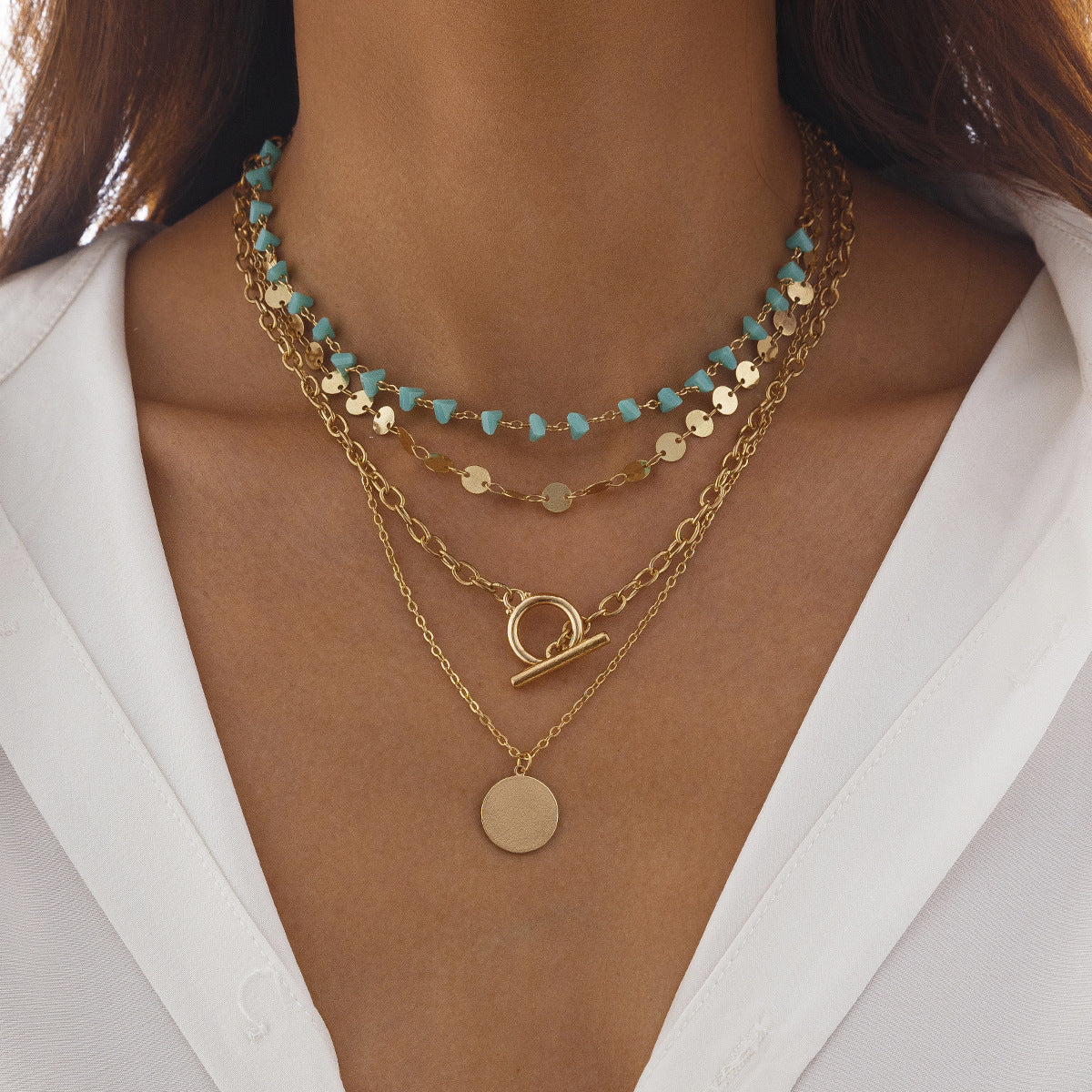 OT buckle necklace multi-layer gemstone chains