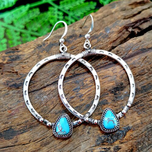 .925 Silver Turquoise Gemstone Drop Dangle Hooks Earrings