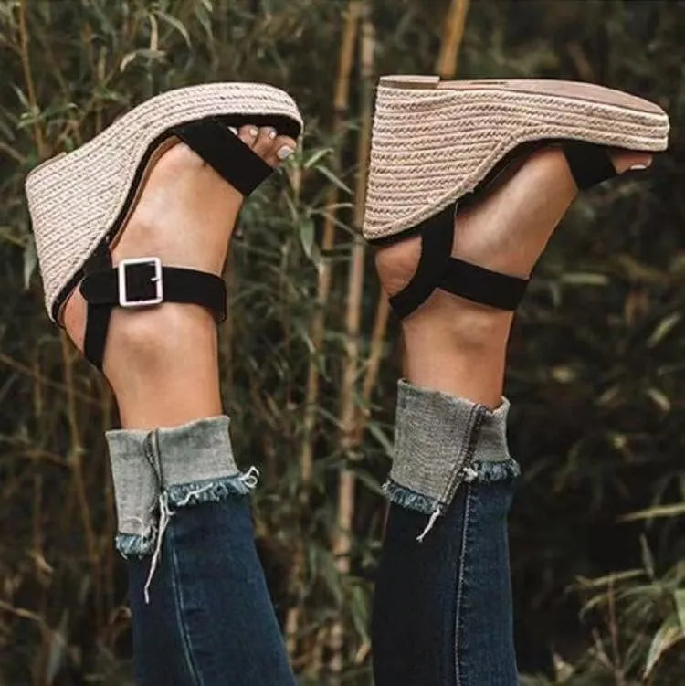 Open-Toe High Heel Wedge Sandals with Buckle