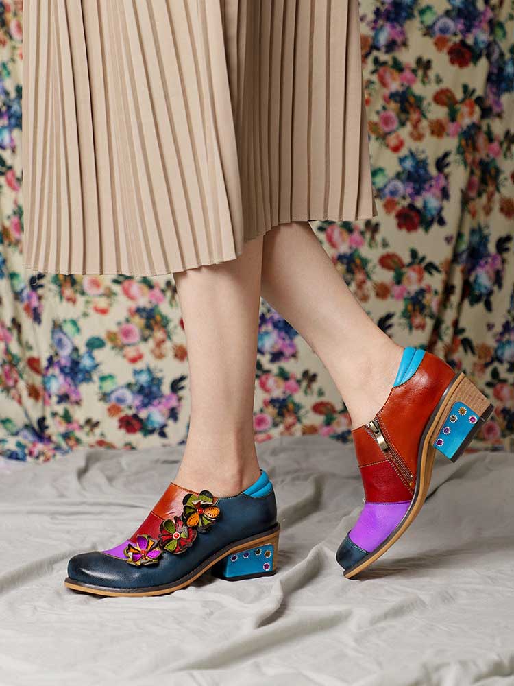 Retro Flowers Splicing Genuine Leather Flat Shoes