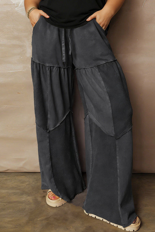 Black  Mineral Wash Exposed Seam Patchwork Drawstring Loose Pants