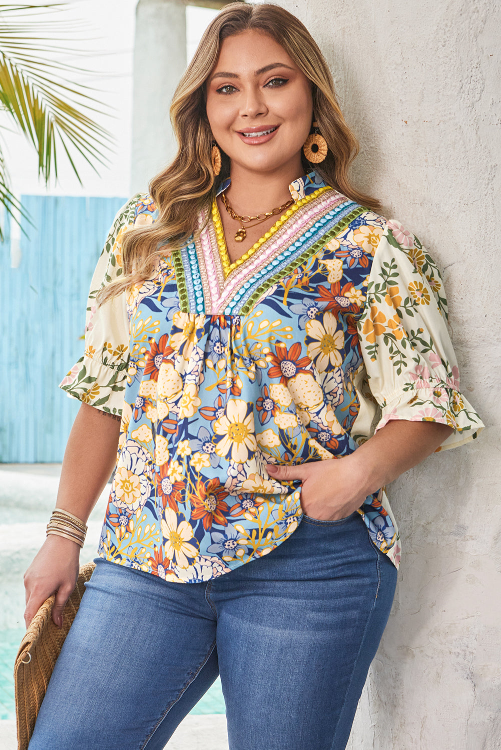 Multicolour Boho Floral V-Neck Plus Size Puff Sleeve Blouse