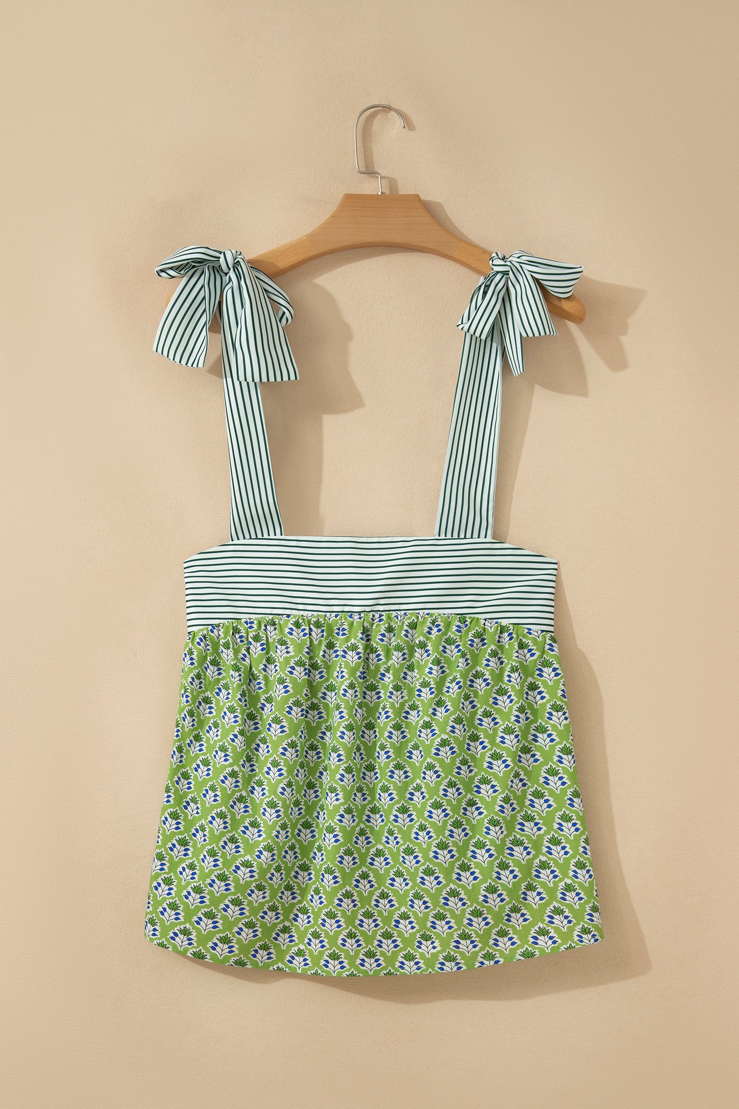 Green Floral Printed Knot Straps Babydoll Tank Top