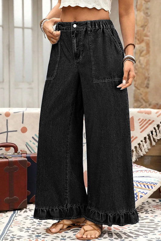 Black  Elastic Waist Ruffled Wide Leg Denim Pants