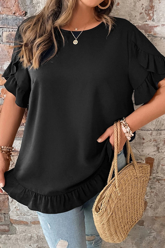 Black Solid Color Ruffle Trim Petal Sleeve  Tee