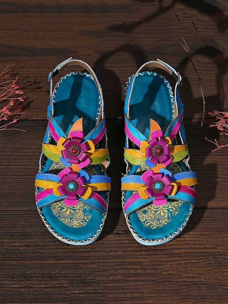 Vintage Embossing Flowers Leather Stitching Sandals