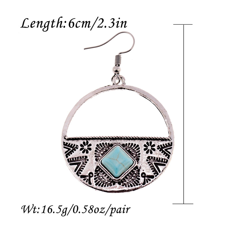 Turquoise & Antique Silver Carved Dangle Hoop Earrings