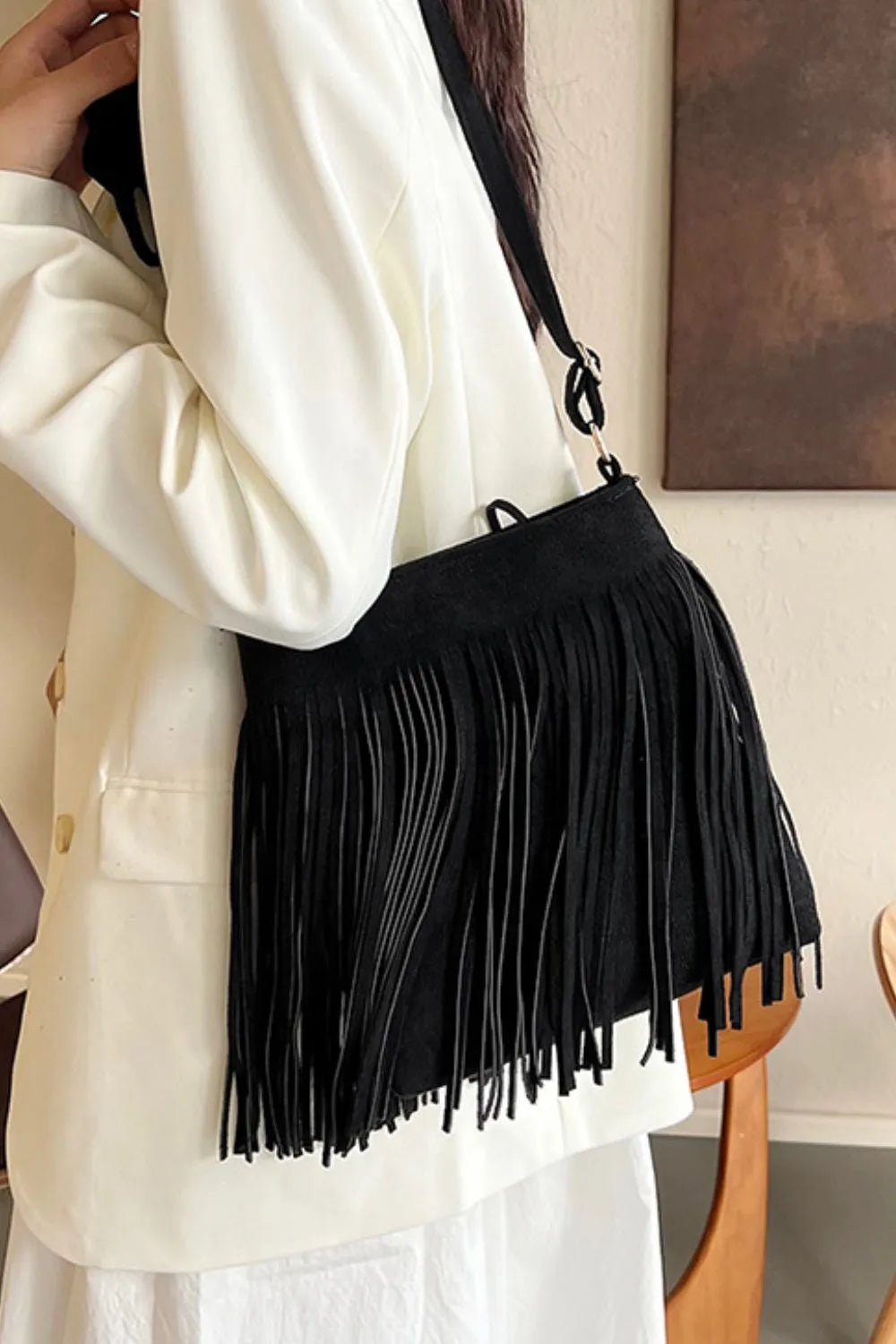 Vegan Suede Boho Tassel Hobo Shoulder Bag