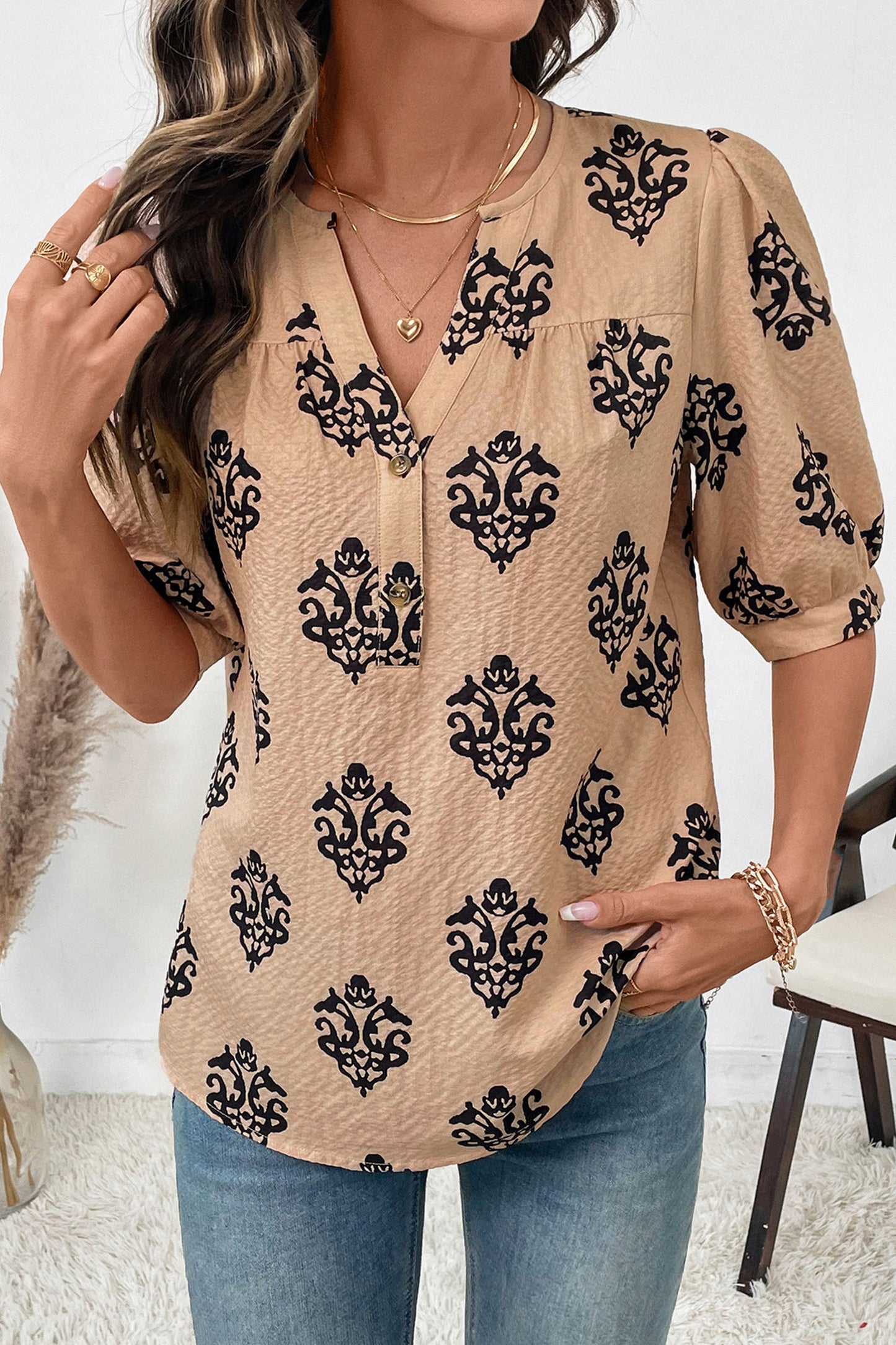 Brown Floral Print Half Button Puff Sleeve Blouse