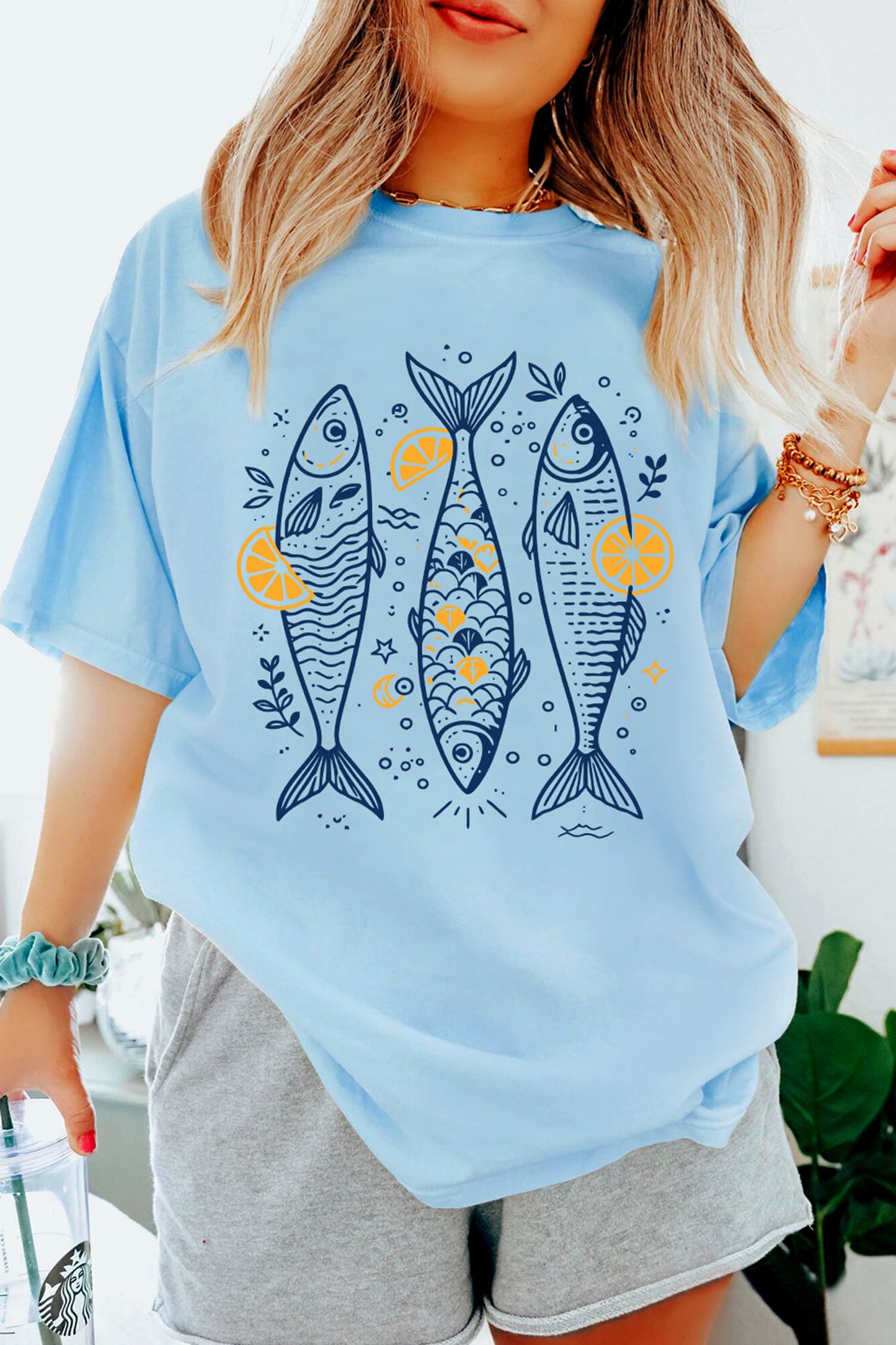 Light Blue Lemon Fishes Printed Loose T Shirt
