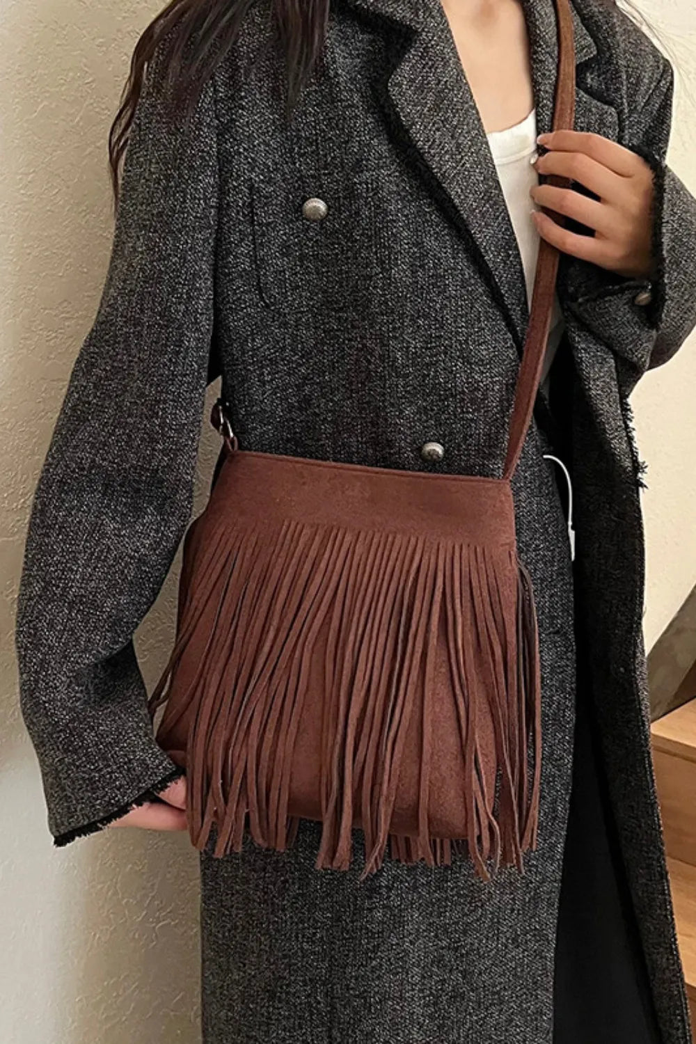 Vegan Suede Boho Tassel Hobo Shoulder Bag
