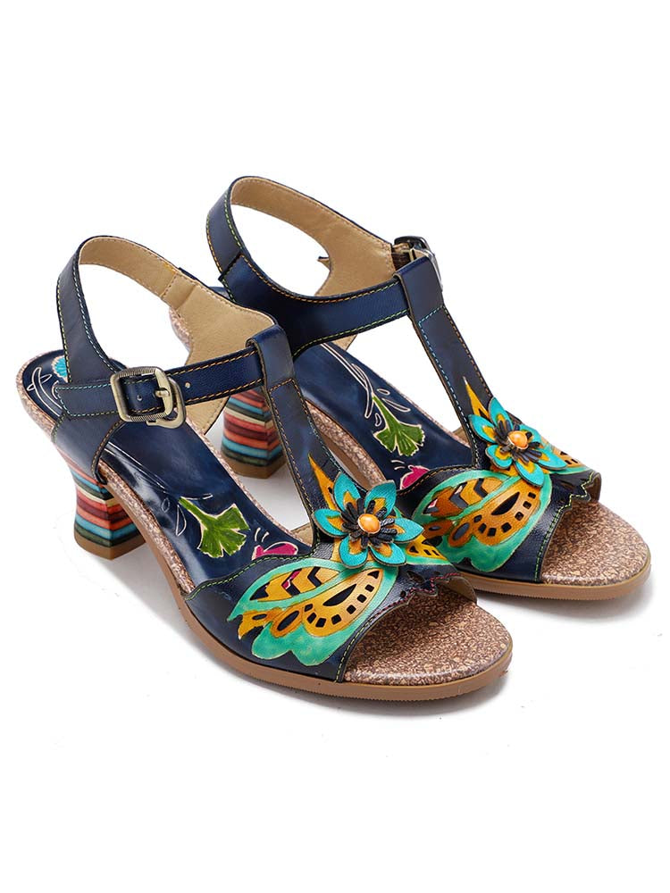 Retro Handmade Colored Stripe Heel Comfy Sandals