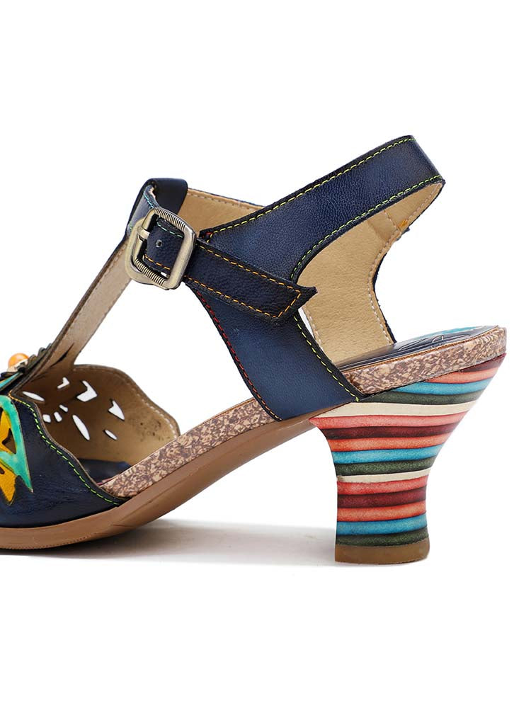 Retro Handmade Colored Stripe Heel Comfy Sandals