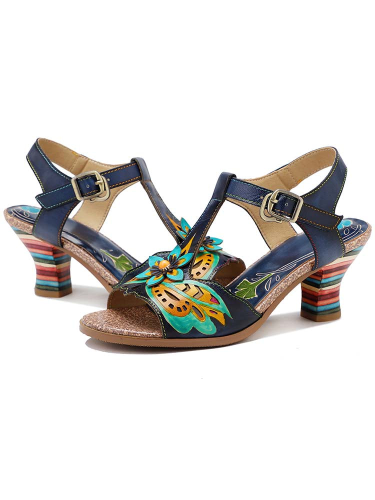 Retro Handmade Colored Stripe Heel Comfy Sandals