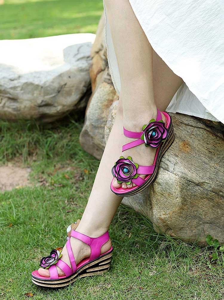 Gorgeous Handmade Rose Wedge Sandals