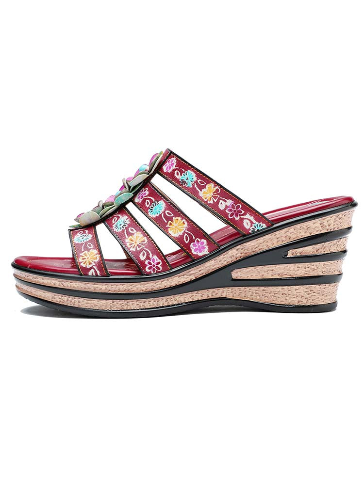 Triple Flowers Purle Wedge Slippers