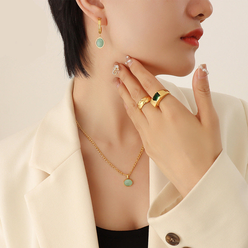 Natural Green Agate Pendant Necklace & Earrings Set
