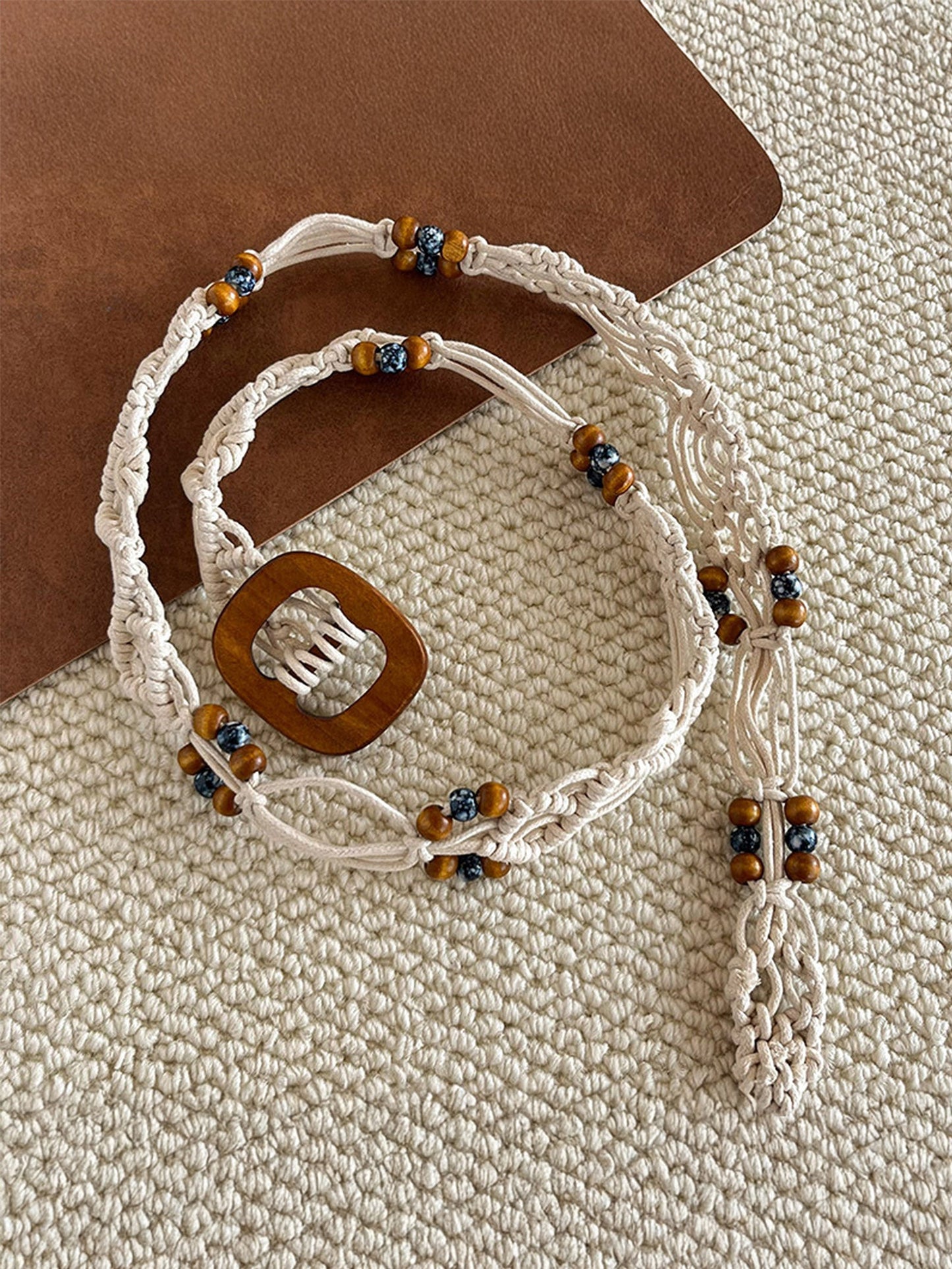 Bohemian Hand-woven Waxed Cord Waist Rope with Wooden Buckle