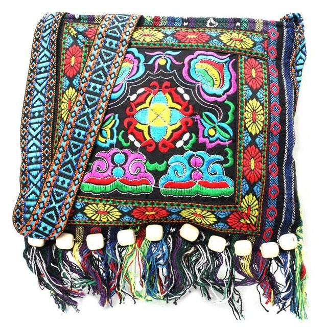 Vintage Embroidered Chinese Messenger Bag w/Tassels & Beads