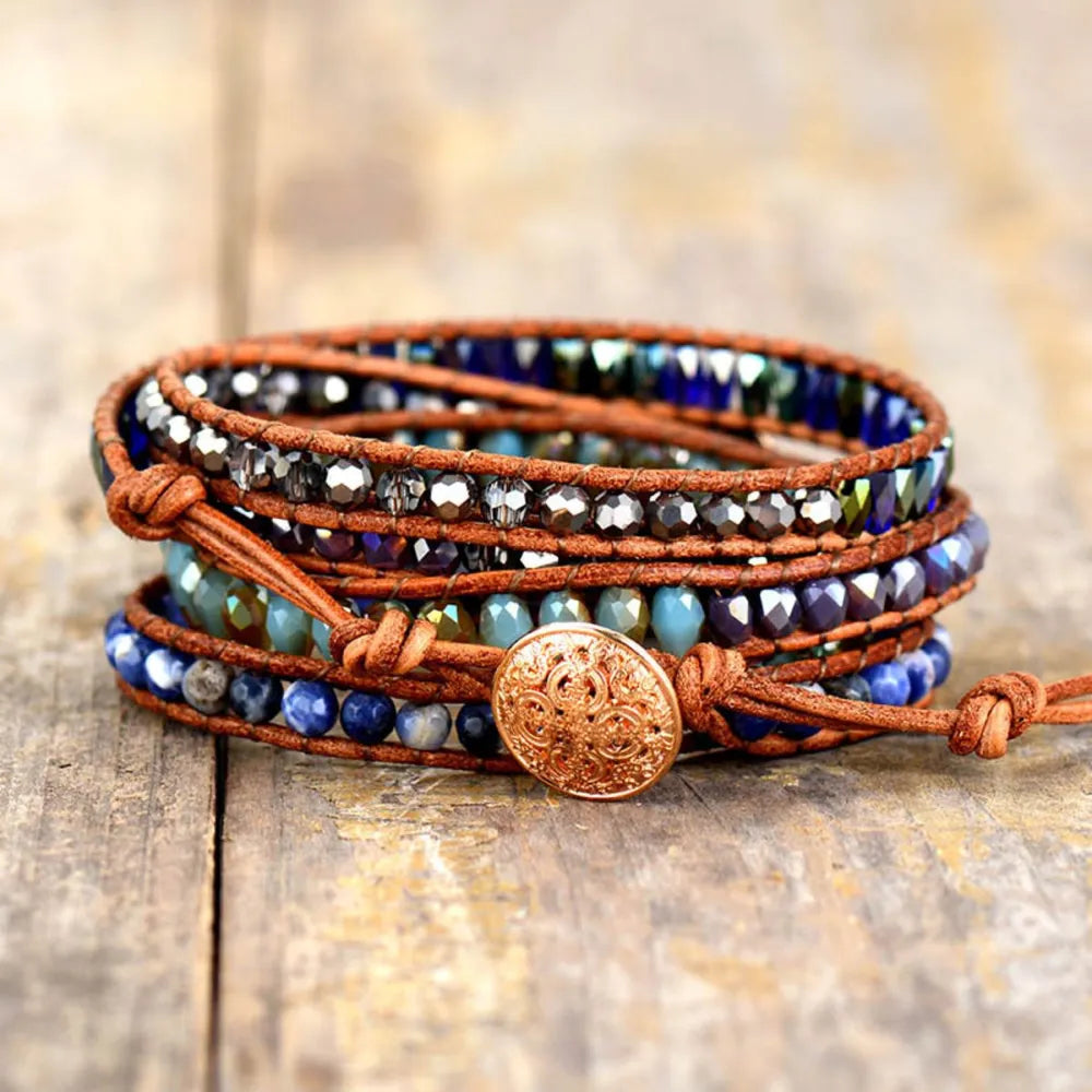 Lapis Lazuli Layered Leather & Stone Wrap Bracelet