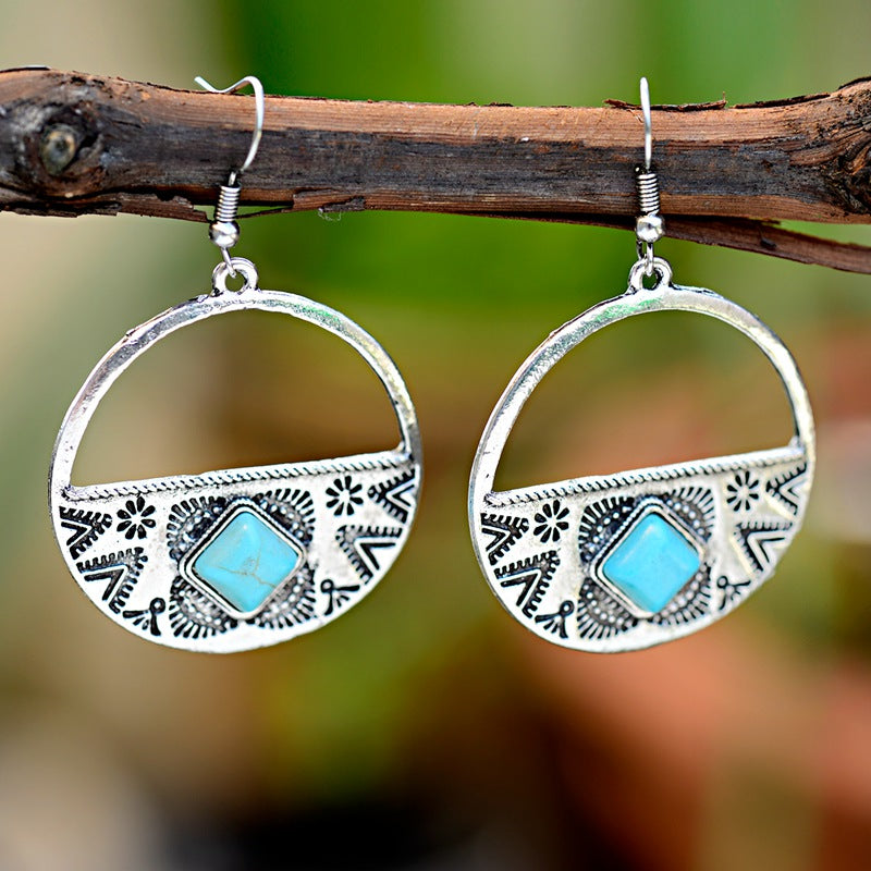 Turquoise & Antique Silver Carved Dangle Hoop Earrings