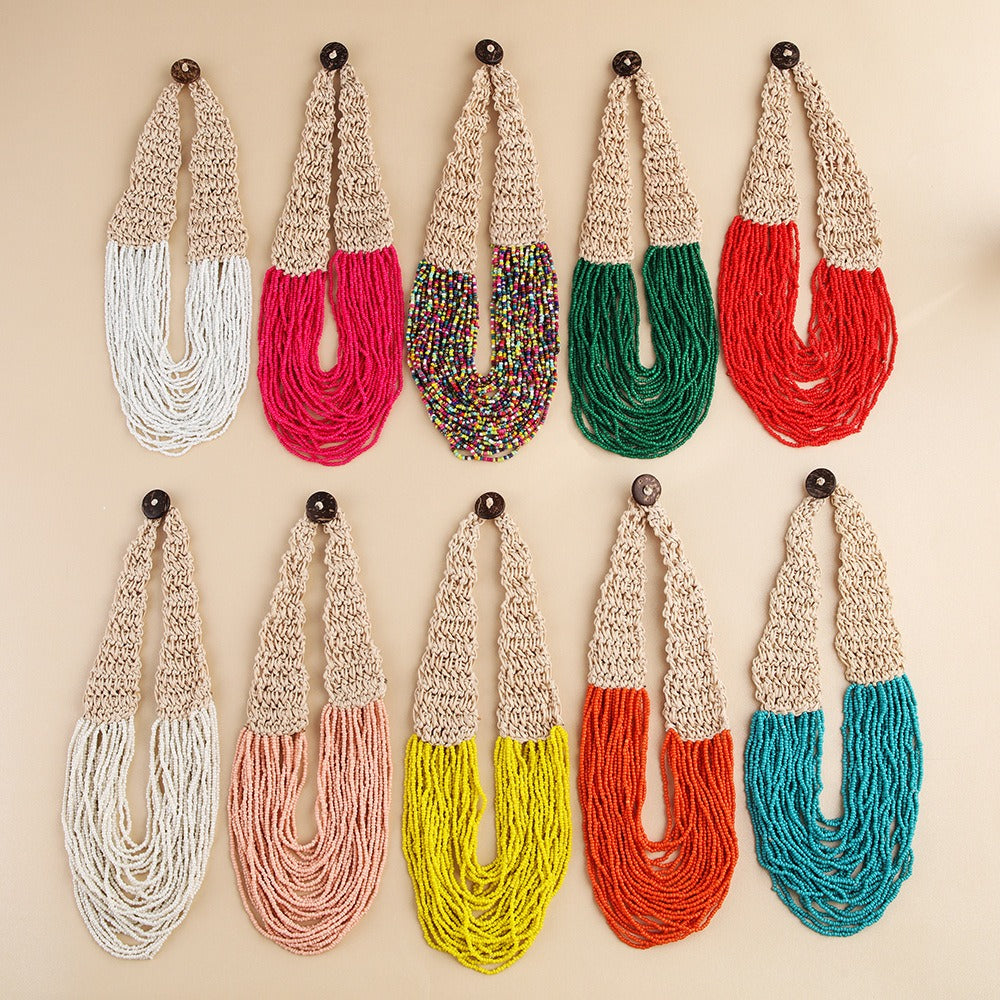 Hand Woven Layered Wax Rope Rice Bead Necklace