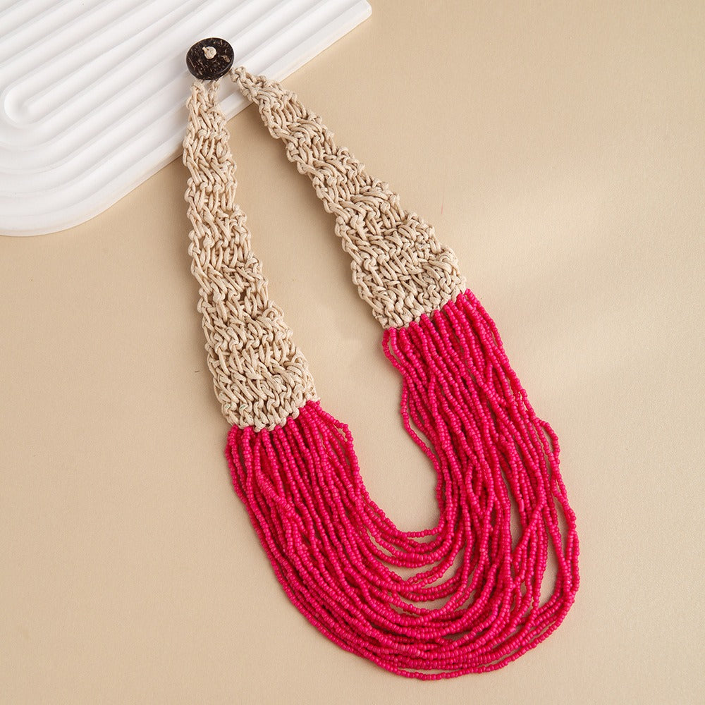 Hand Woven Layered Wax Rope Rice Bead Necklace