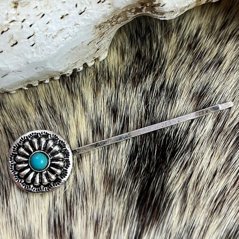 Natural Turquoise Antique Silver Alloy Flower Hair Pins