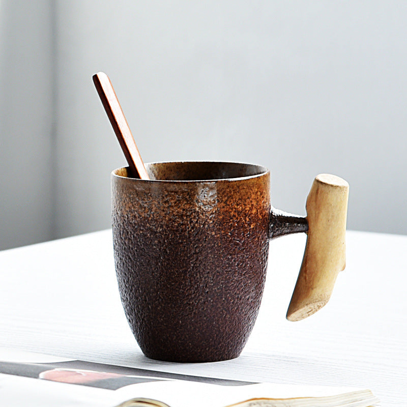 Handmade Rustic Ceramic Mug with Wood Handle