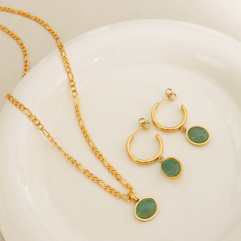 Natural Green Agate Pendant Necklace & Earrings Set