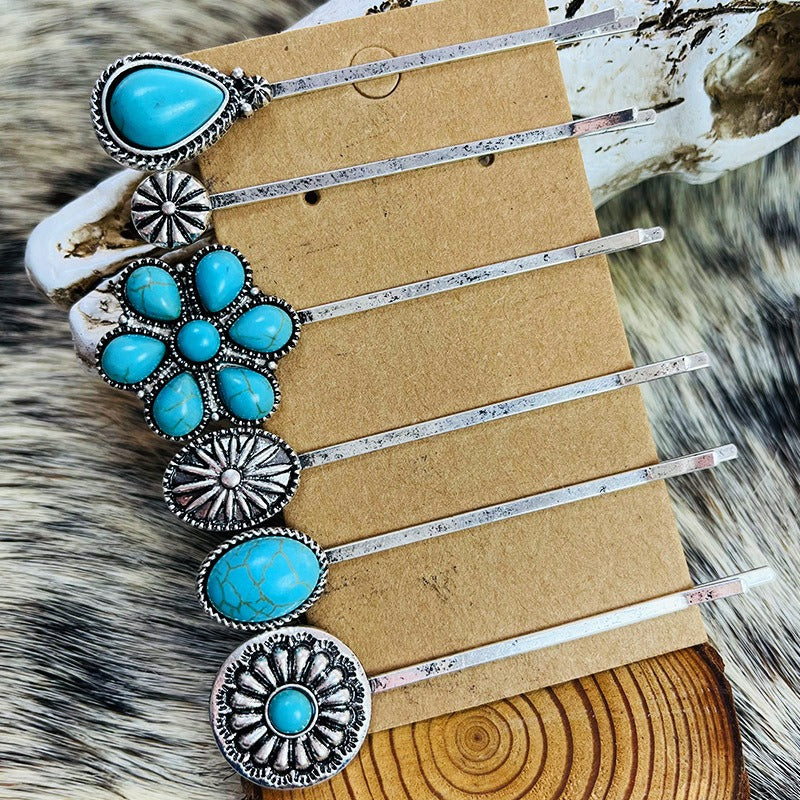 Natural Turquoise Antique Silver Alloy Flower Hair Pins