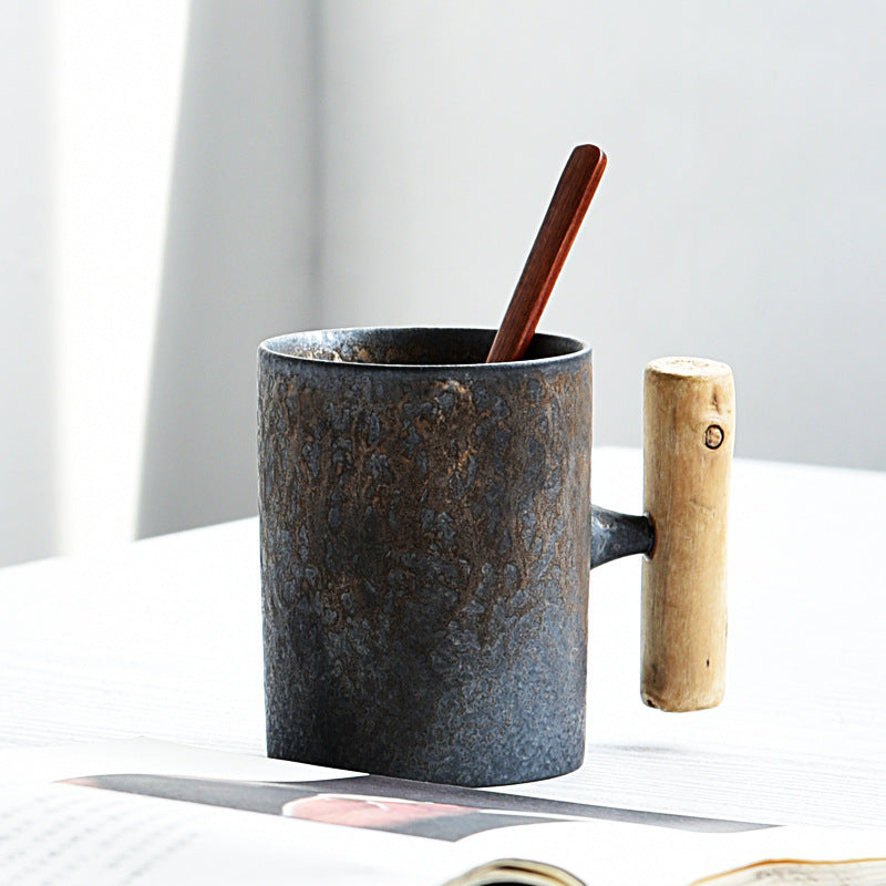 Handmade Rustic Ceramic Mug with Wood Handle