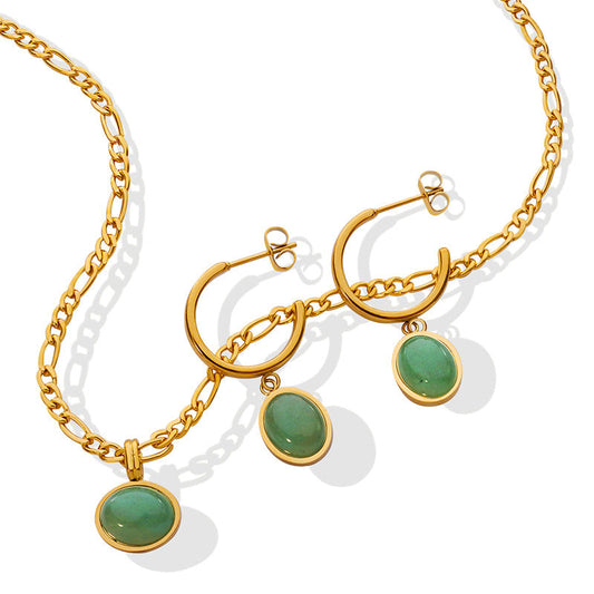 Natural Green Agate Pendant Necklace & Earrings Set