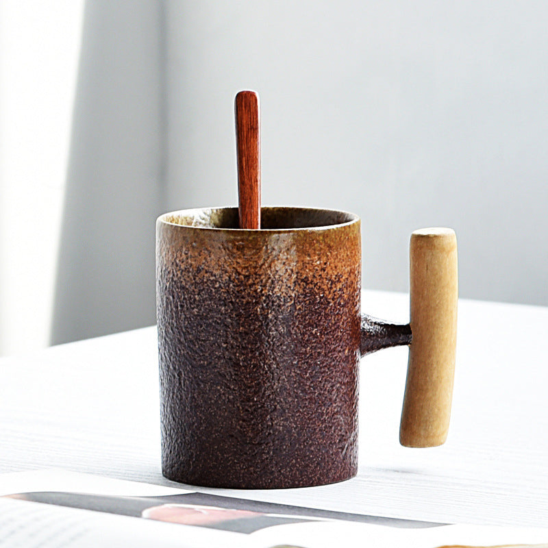 Handmade Rustic Ceramic Mug with Wood Handle