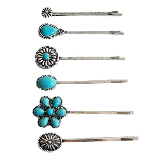 Natural Turquoise Antique Silver Alloy Flower Hair Pins
