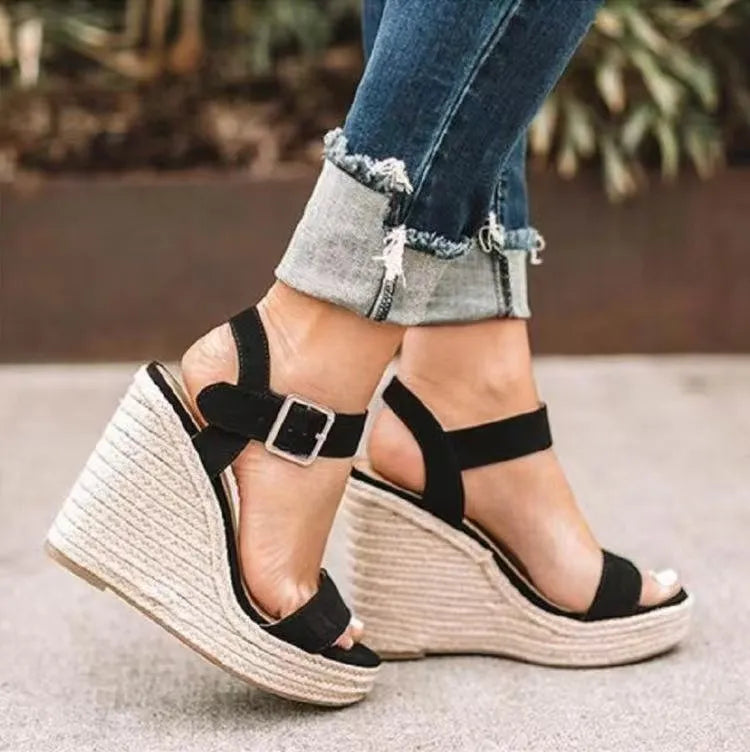 Open-Toe High Heel Wedge Sandals with Buckle